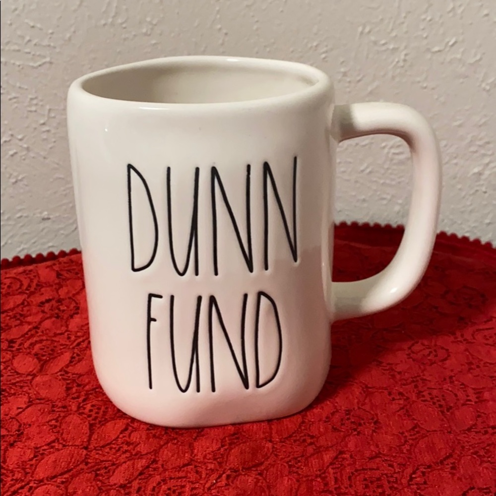 Rae Dunn mug with “Dunn Fund” text